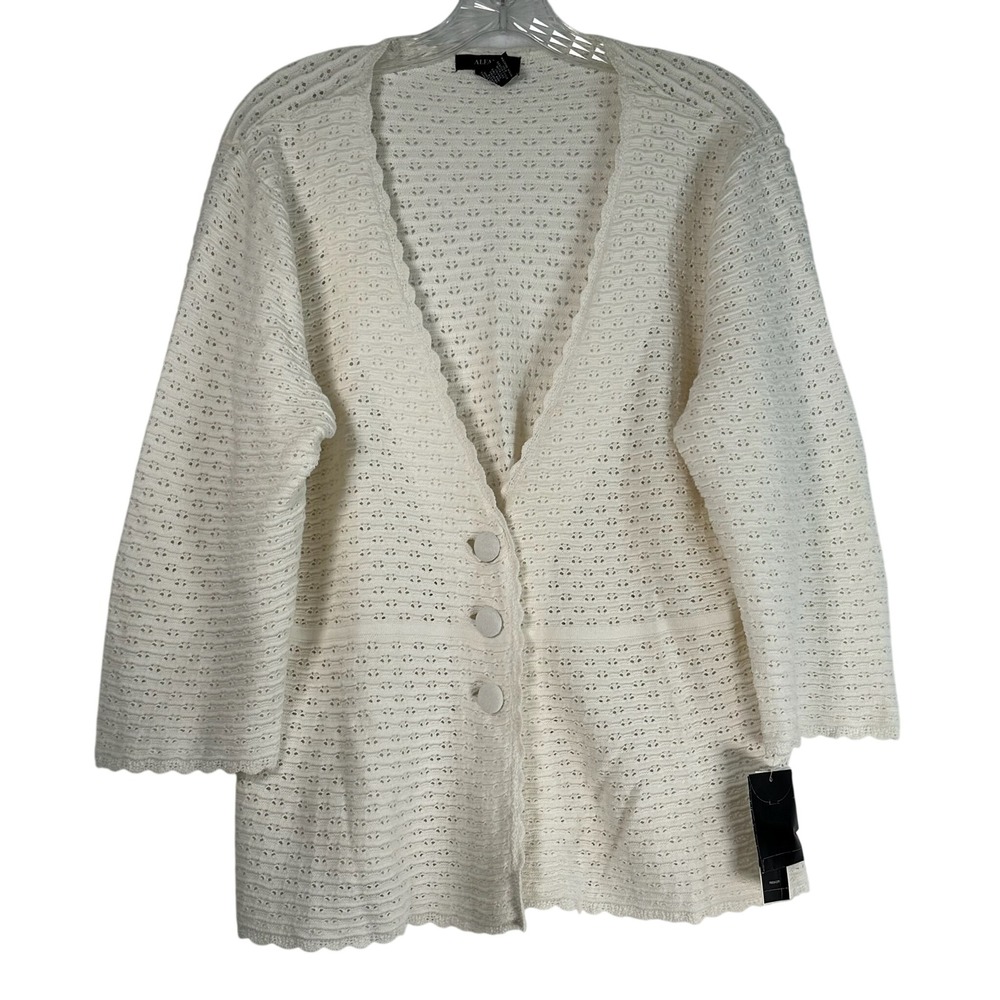 Alfani Womens XL White Pointelle Knit 100% Cotton 3/4 Sleeve Cardigan 6515BWT194